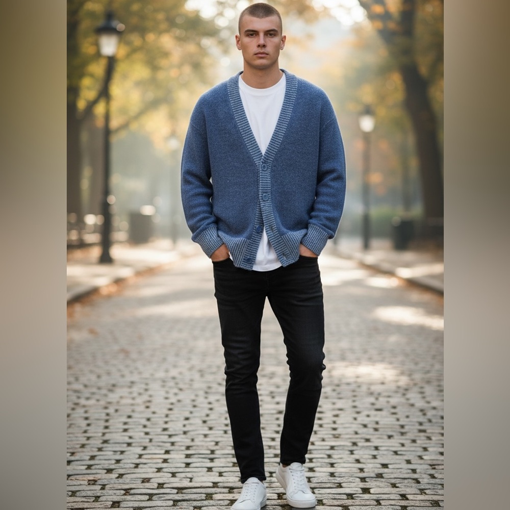 Allbirds The Cardi Mens Small Blue 100% Merino Wool V-Neck Cardigan Sweater